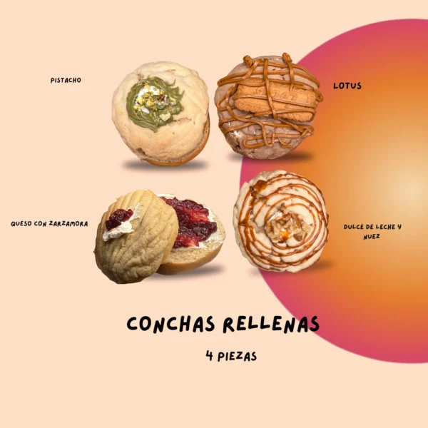 Cuatro conchas abiertas con distintos rellenos y coberturas